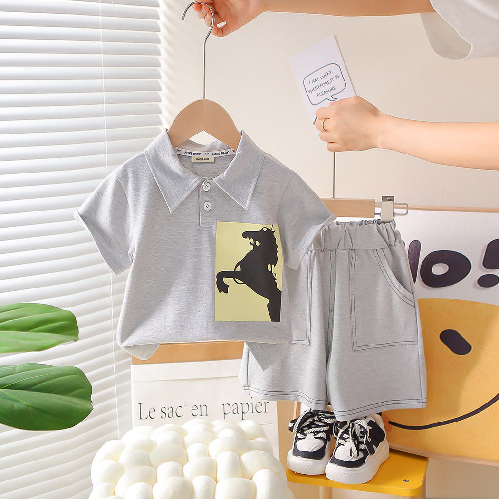 Boys Grey Horse Printed Polo T-Shirt With Contrast Stitched Shorts Set 2 pc. Sets Grey 1-2 Y