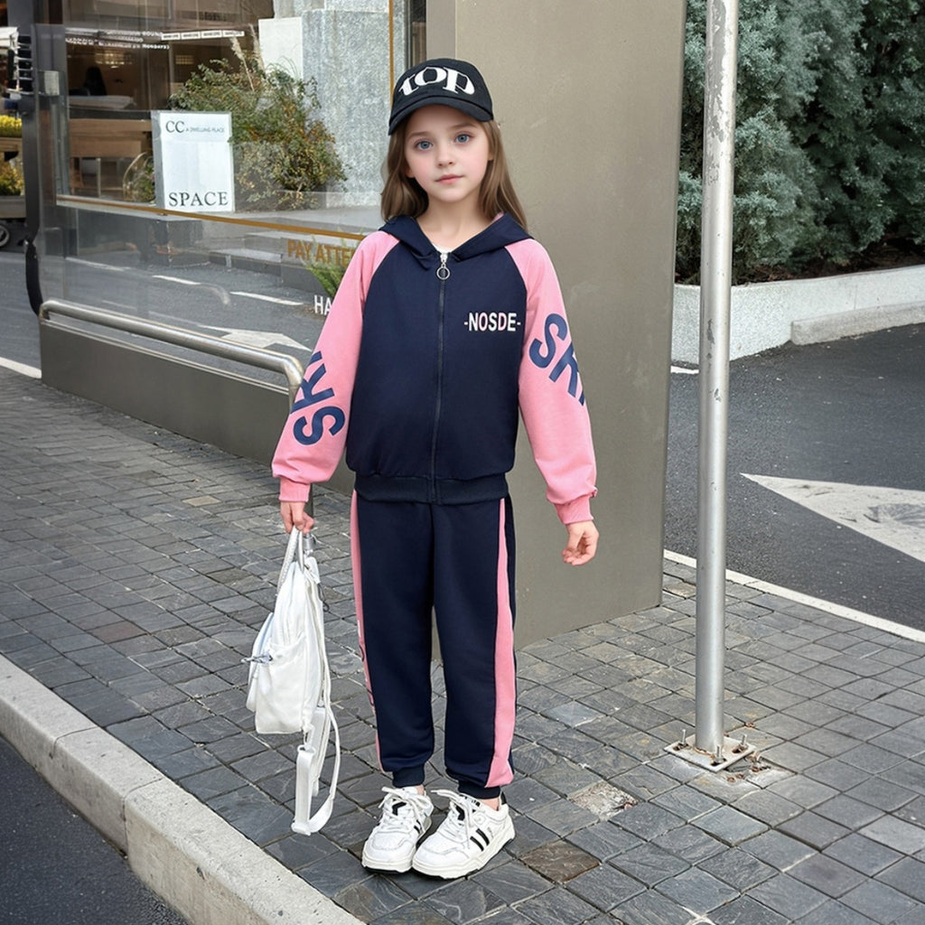 Girls Navy Blue Typographic Printed Hoodie Front Open Sweatshirt With Jogger Set 2 pc. Sets Navy Blue 5-6 Y