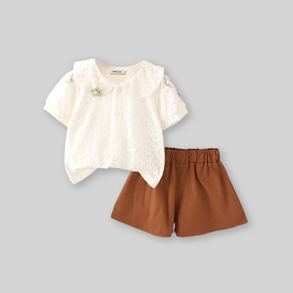 Girls Lace Top with Shorts Set Sets Brown 1-2 Y 