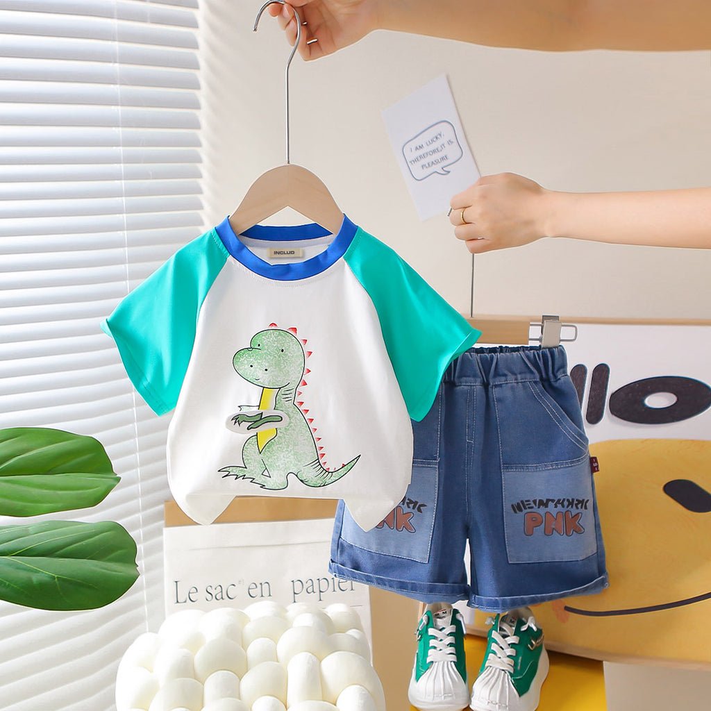 Boys Teal Dinosaur Printed Raglan Sleeves T-Shirt With Denim Shorts Set 2 pc. Sets Teal 1-2 Y