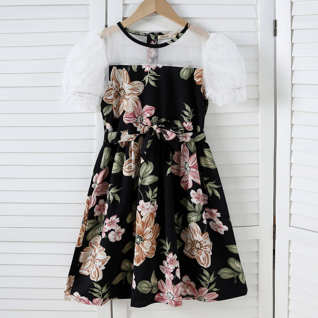 Girls Black Floral Printed Net Puff Sleeves Dress Casual Dresses Black 7-8 Y