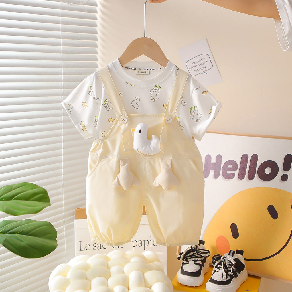 Girls Duck Printed T-Shirt With Apricot 3D Duck Appliqued Dungaree Set 2 pc. Sets Apricot 1-2 Y