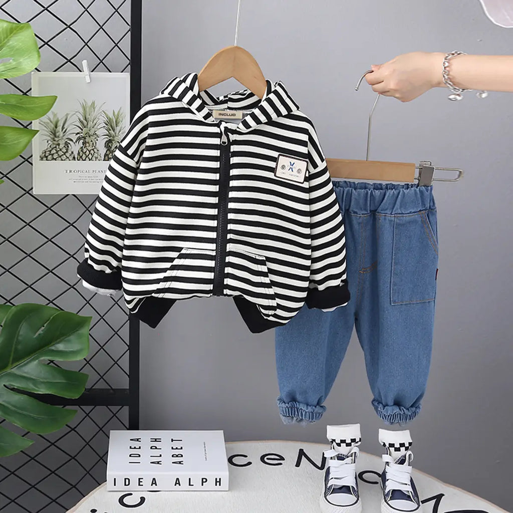 Boys Black Stripes Hooded Zipper Jacket With Denim Jogger Sets Sets Black 1-2 Y