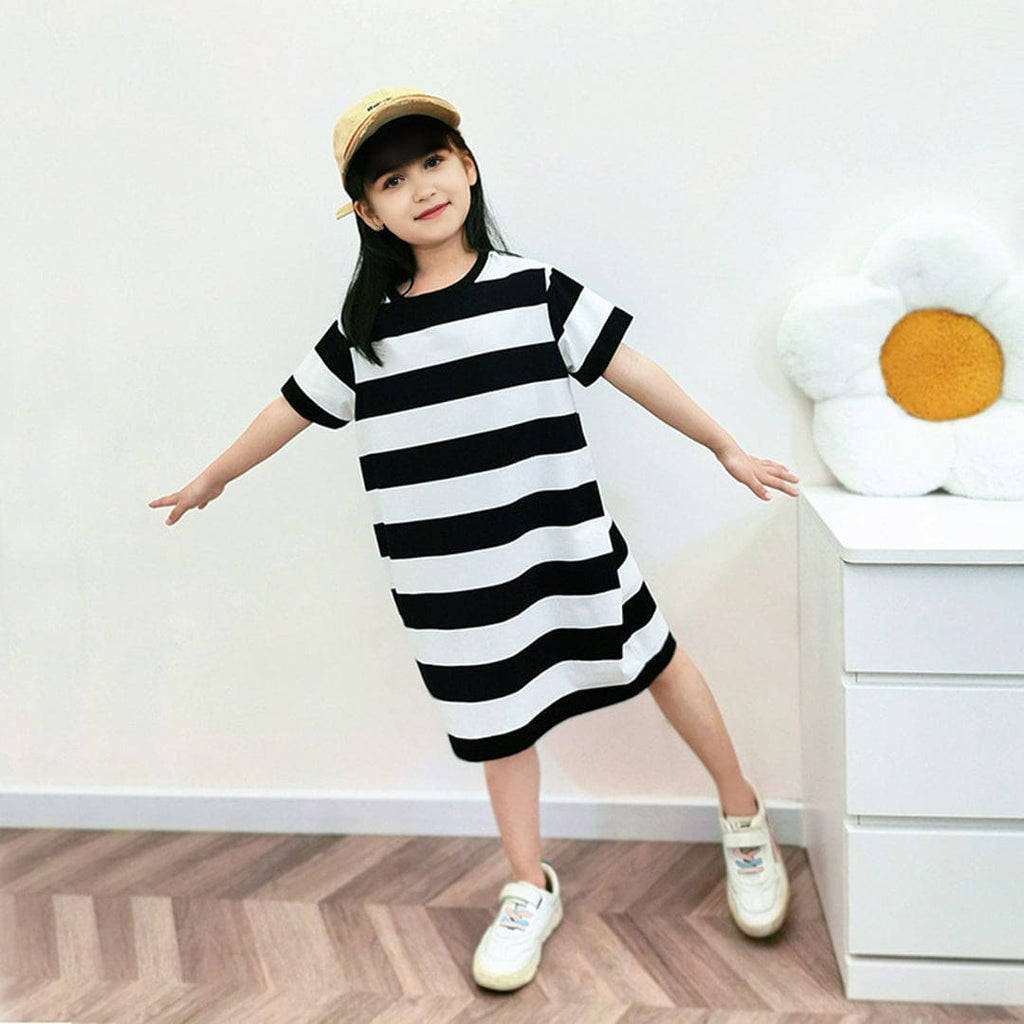 Girls Striped T-shirt Dress Casual Dresses Black 6-7 Y
