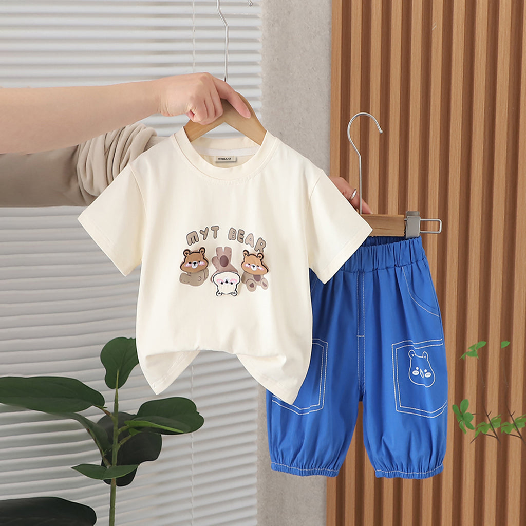 Boys Bear Printed Short Sleeves T-Shirt With Blue Bermudas Set 2 pc. Sets Blue 1-2 Y