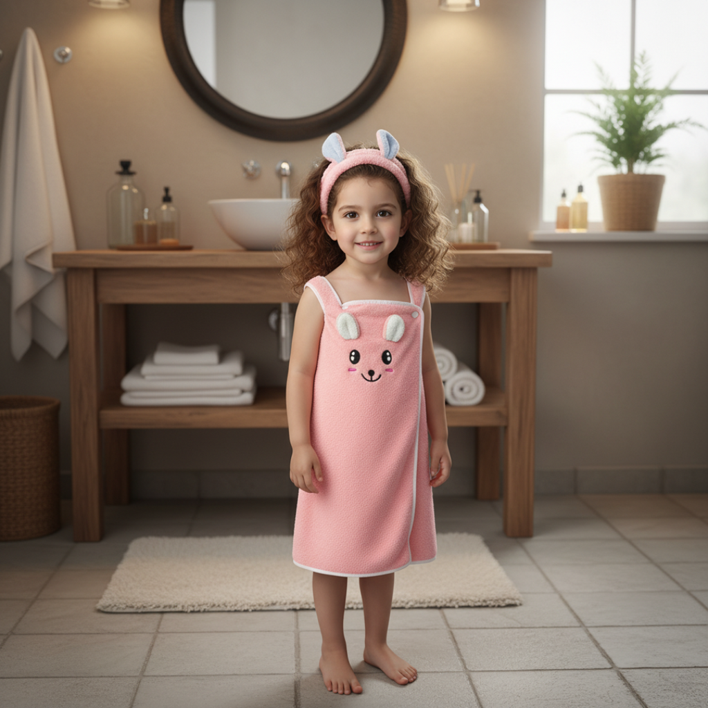 Girls Wearable Bath Towel With Rabbit Emboroidery Trending Accessories Pink Onesize