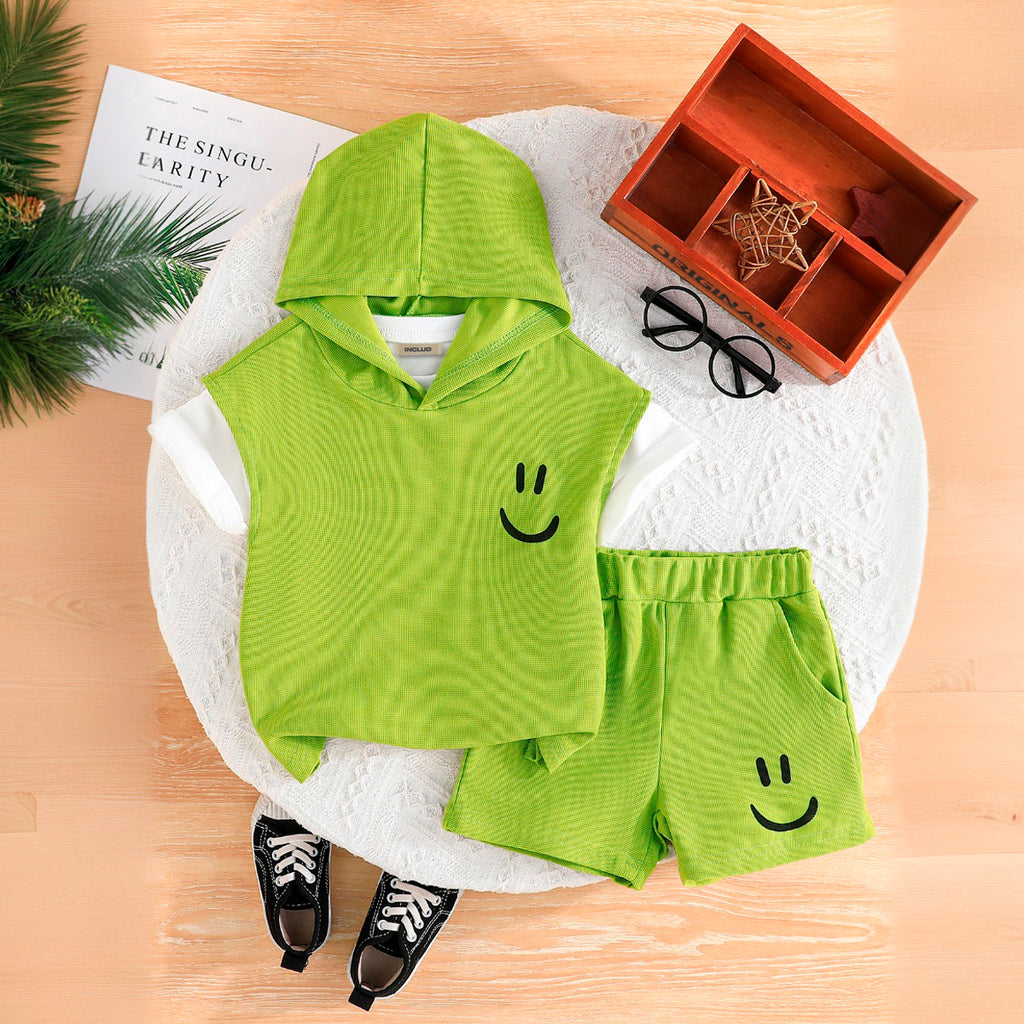 Boys Solid Tee with Green Hooded Vest & Shorts Set Sets Green 2-3 Y