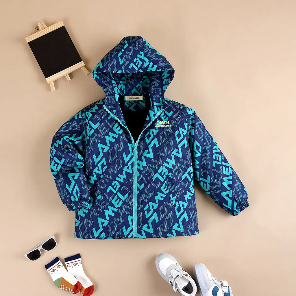 Boys Teal Typographic Printed Hooded Zipper Jacket Coats & Jackets Teal 3-4 Y