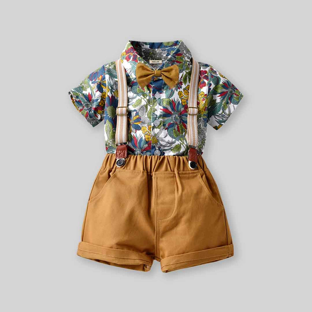 Boys Floral Print Shirt with Bow & Suspender Shorts Set 2 pc. Sets Brown 1-2 Y 