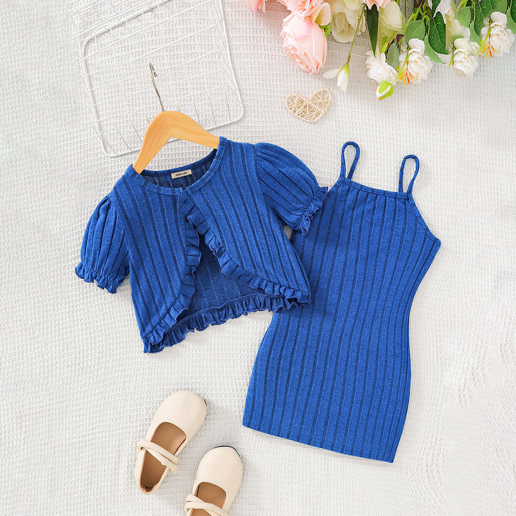 Girls Blue Short Sleeve Shrug With Strappy Dress Casual Dresses Blue 3-4 Y