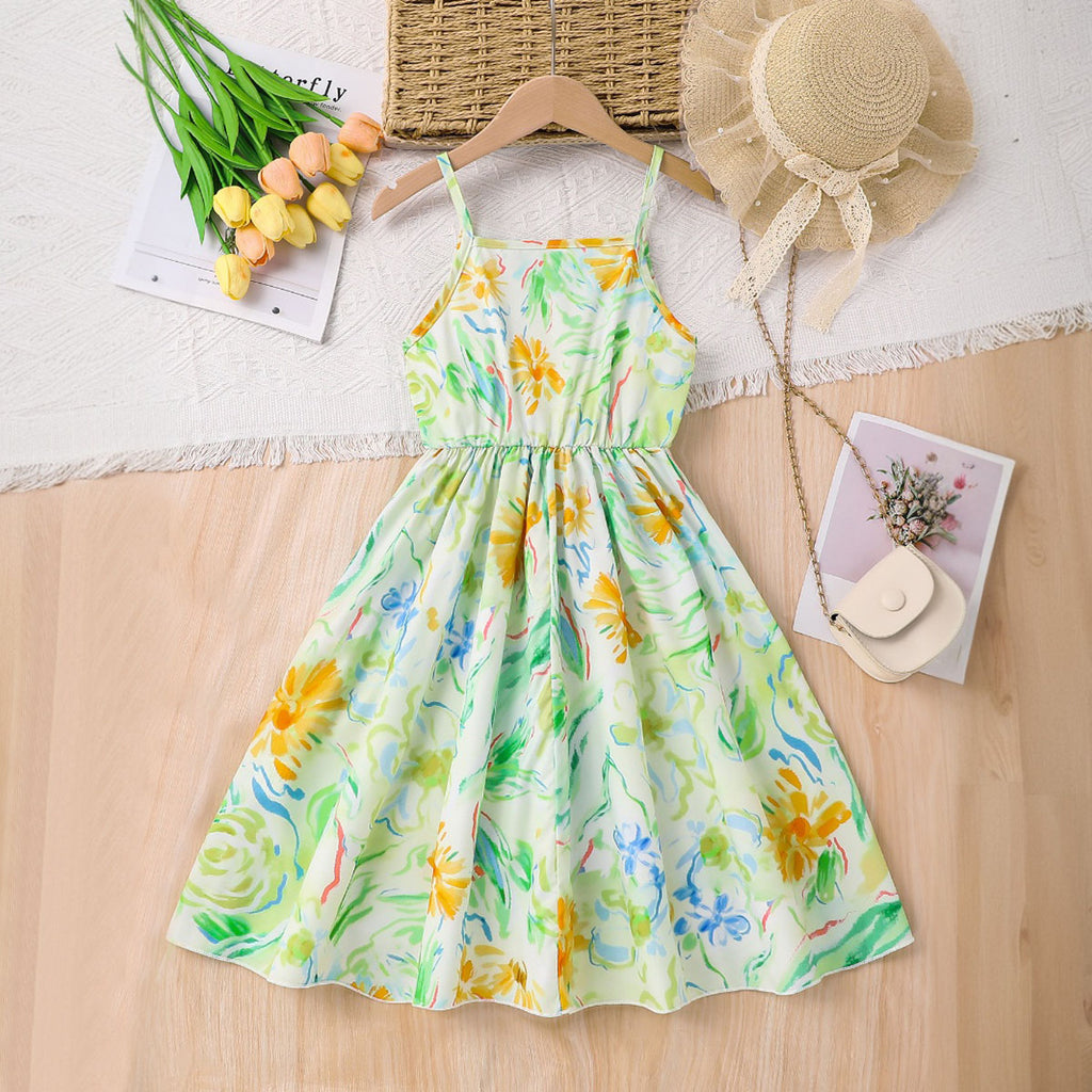 Girls Light Green Floral Printed Midi Sundress Casual Dresses Light Green 3-4 Y