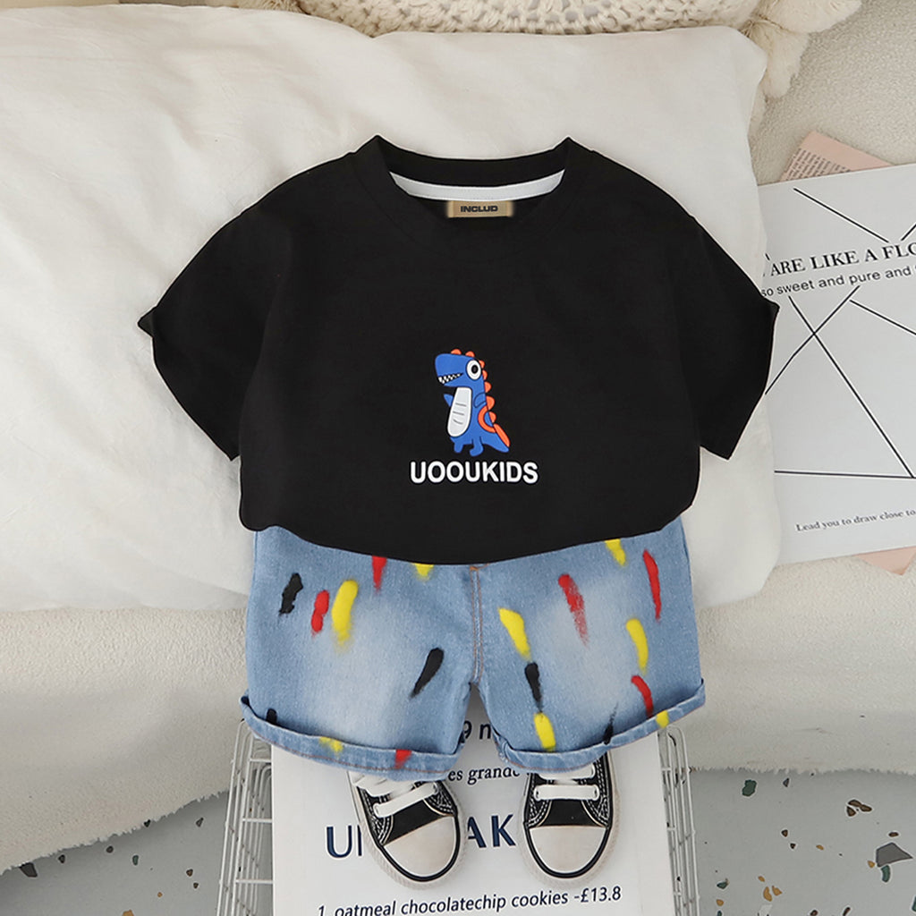Boys Black Dinosaur Graphic T-Shirt With Denim Shorts Set 2 pc. Sets Black 1-2 Y