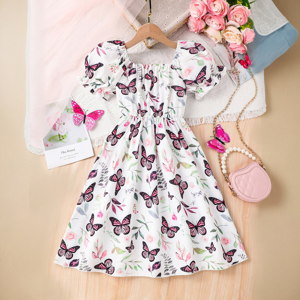 Girls Butterfly Printed Puff Sleeves Scoop Neck Fit & Flare Dress Casual Dresses Multicolor 3-4 Y