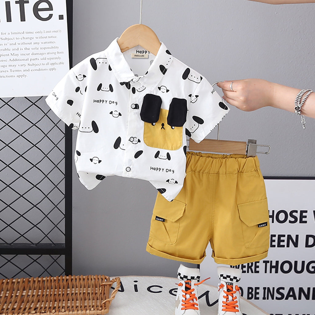Boys Yellow Printed Short Sleeves Shirt With Cargo Shorts Set 2 pc. Sets Yellow 1-2 Y