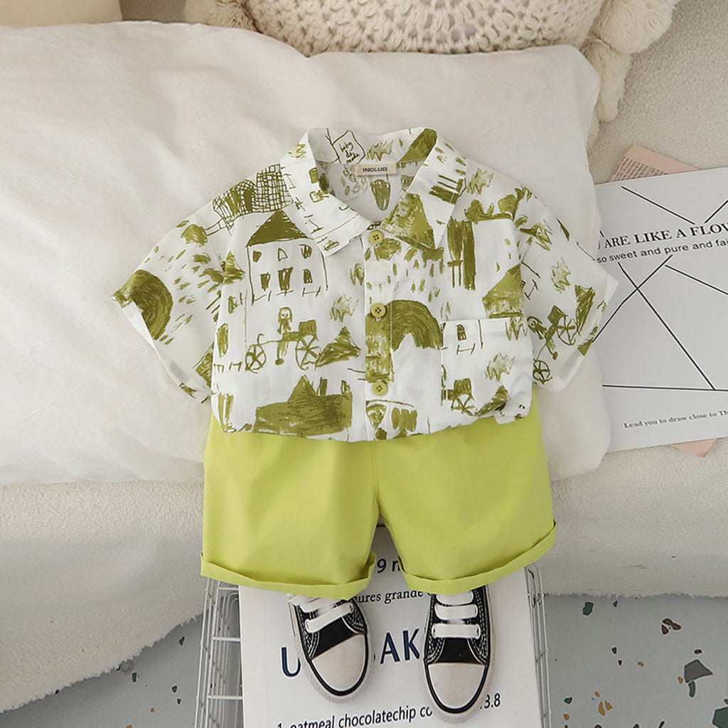 Boys Abstract Printed Short Sleeves Shirt With Green Shorts Set 2 pc. Sets Green 1-2 Y