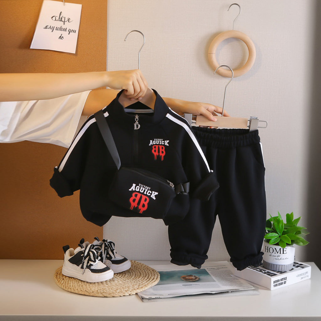 Boys Black Typographic Printed Sweatshirt With Sling Bag and Pants Set Sets Black 1-2 Y
