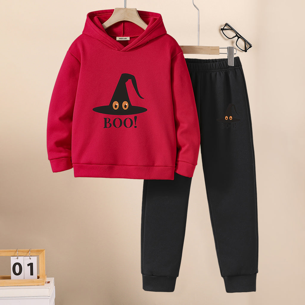 Boys Red Spooky Hat Print Hooded Sweatshirt with Joggers Set Sets Red 5-6 Y