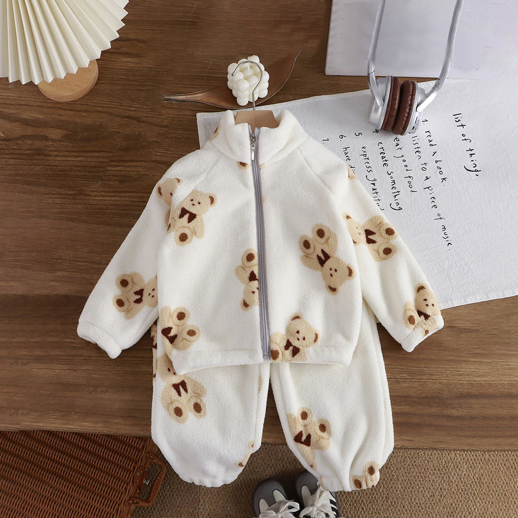 Girls White Fleece Teddy Bear Cartoon Printed Zip-up Jacket With Jogger Co-ord Sets Sets White 1-2 Y