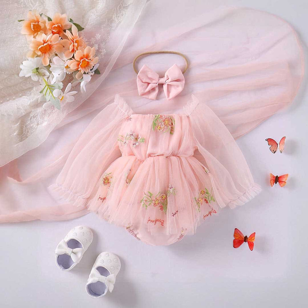 Girls Embroidered Puff Sleeves Romper Dress Casual Dresses Pink 1-2 Y 