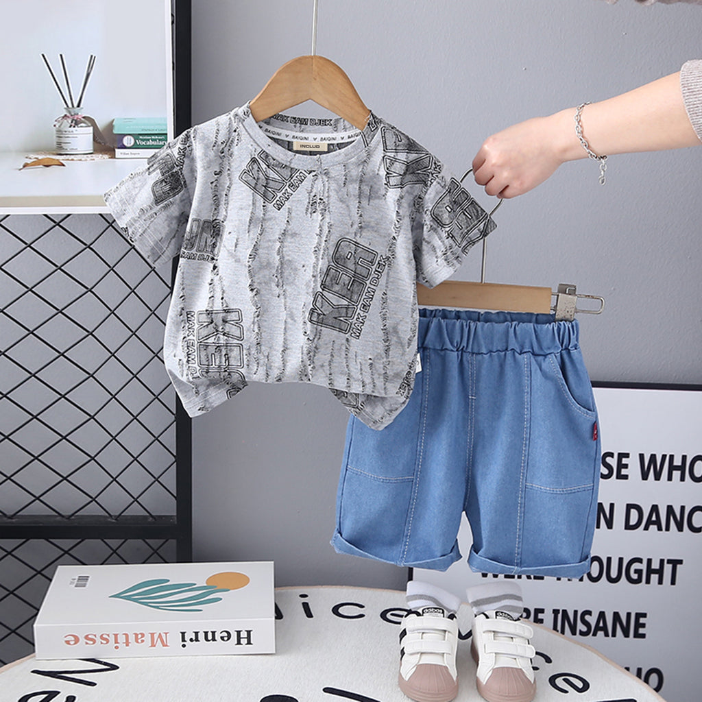 Boys Grey Distressed Printed Short Sleeves T-Shirt With Denim Short Set 2 pc. Sets Grey 1-2 Y
