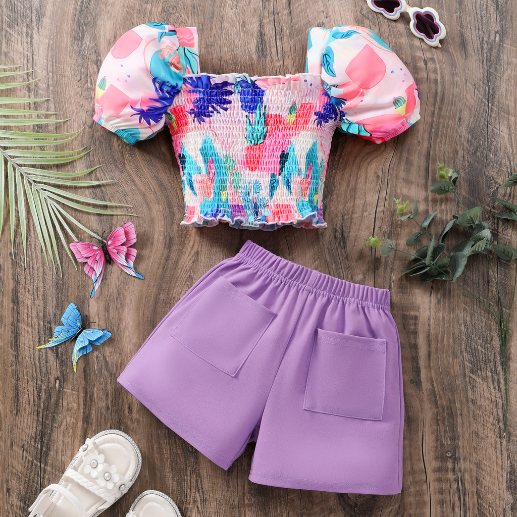 Girls Printed Short Sleeve Smocked Top With Purple Shorts Set 2 pc. Sets Purple 2-3 Y