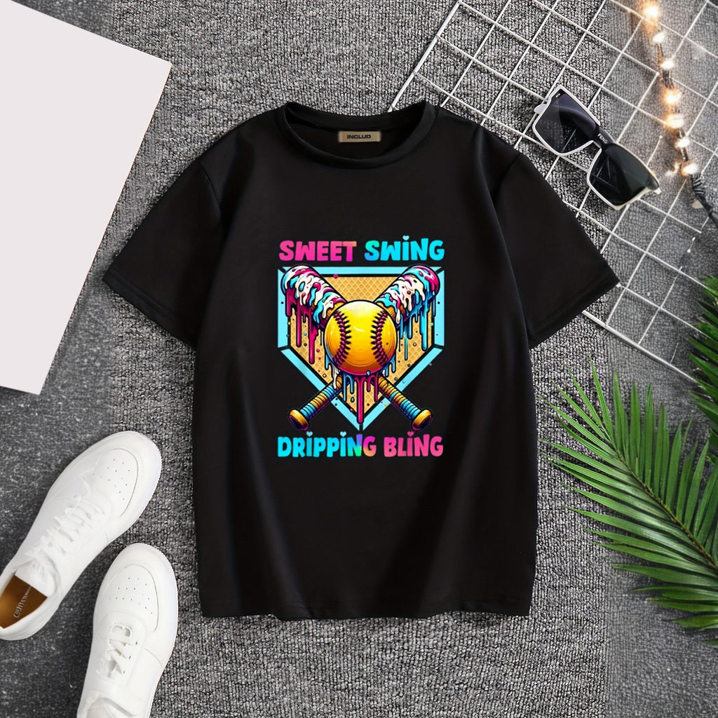 Boys Black Base Ball Graphics Short Sleeve T-Shirt Tshirts Black 5-6 Y