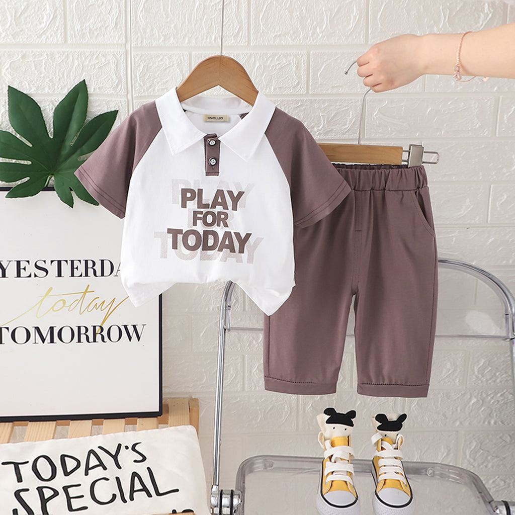 Boys Light Grey Typographic Printed Short Sleeves Polo T-Shirt With Pants Set 2 pc. Sets