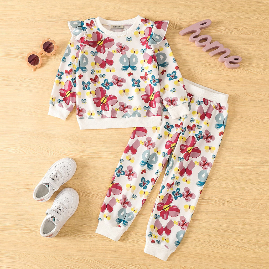 Girls White Butterfly Printed Sweatshirt with Joggers Co-Ord Set Sets White 3-4 Y