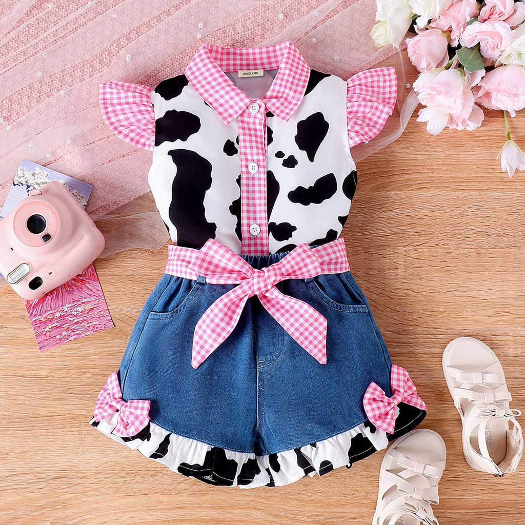Girls Printed Flying Sleeve Shirt With Denim Shorts Set 2 pc. Sets Pink 1-2 Y 