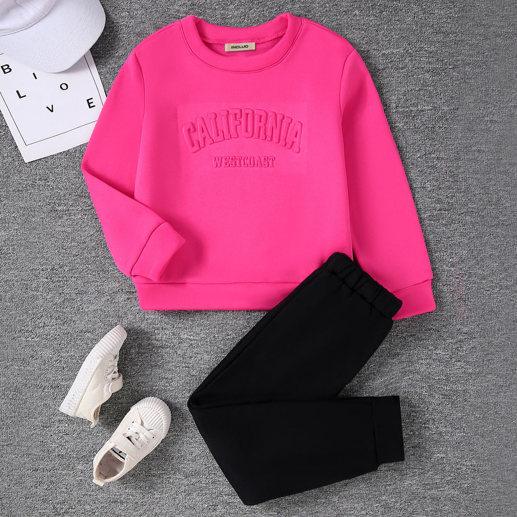 Girls Fuchsia Self Typographic 3D Puff Designed SweatShirt With Jogger Winter Set 2 pc. Sets Fuchsia 3-4 Y
