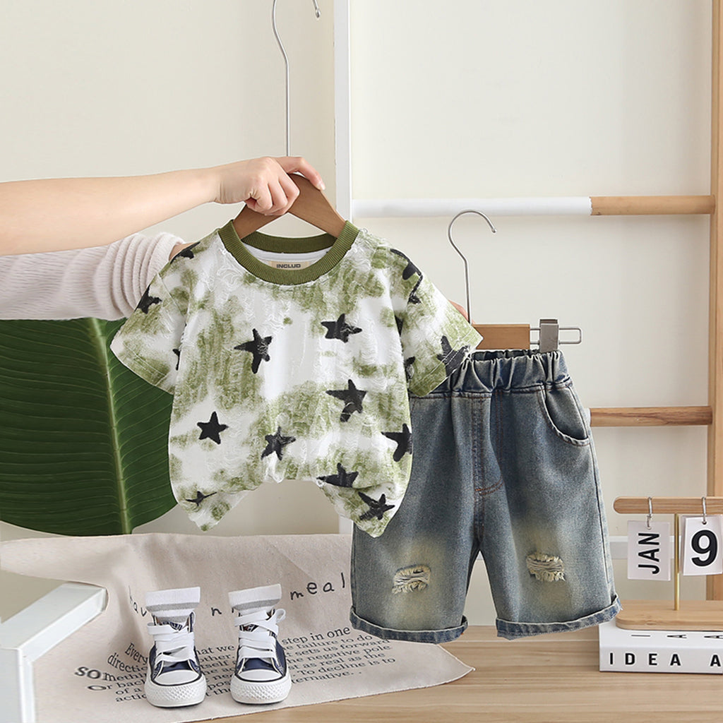 Boys Green Star Print Shorts Sleeves T-Shirt With Denim Shorts Set 2 pc. Sets Green 1-2 Y