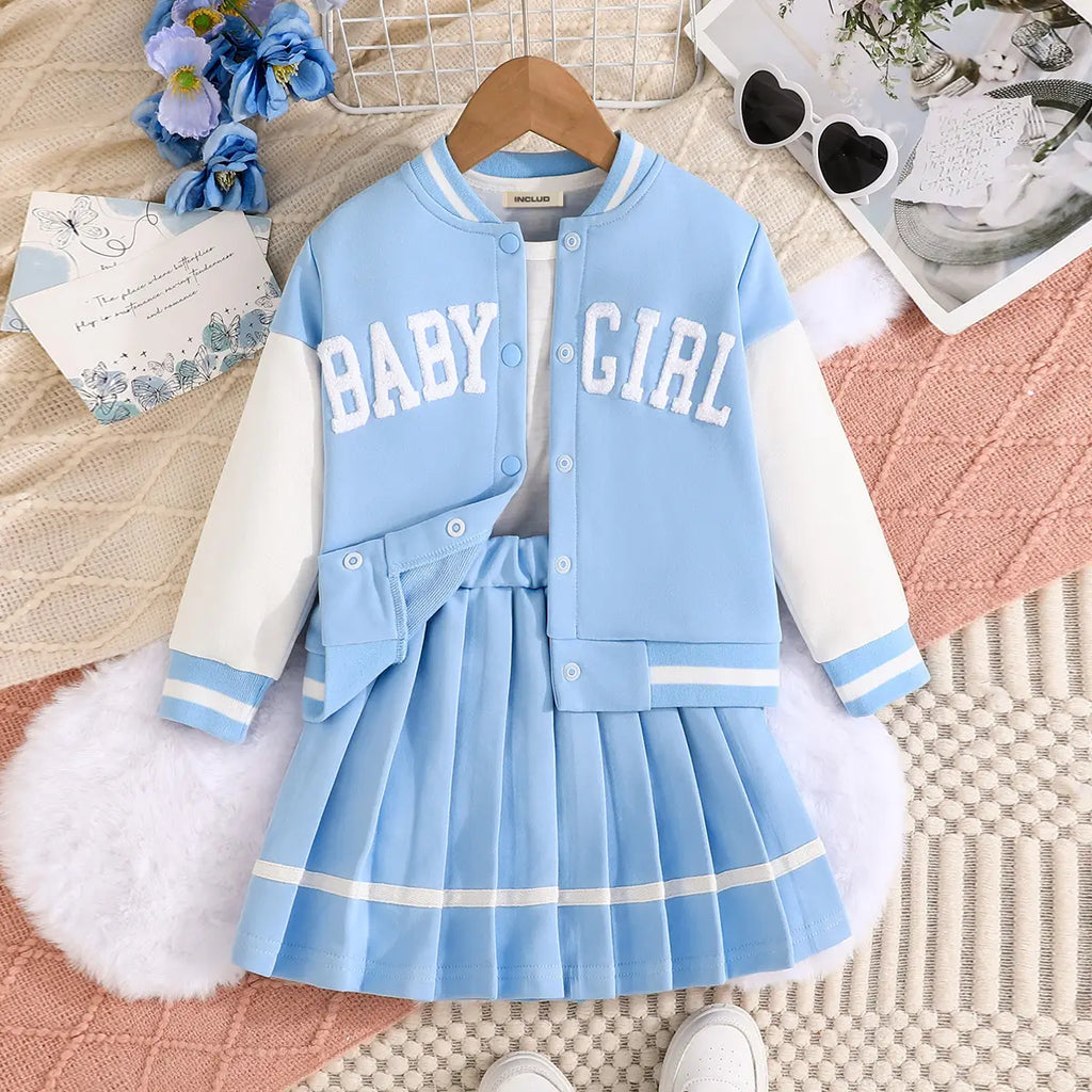 Girls Light Blue Embroidered Varsity Jacket With T-Shirt & Skirt Sets Sets Light Blue 2-3 Y