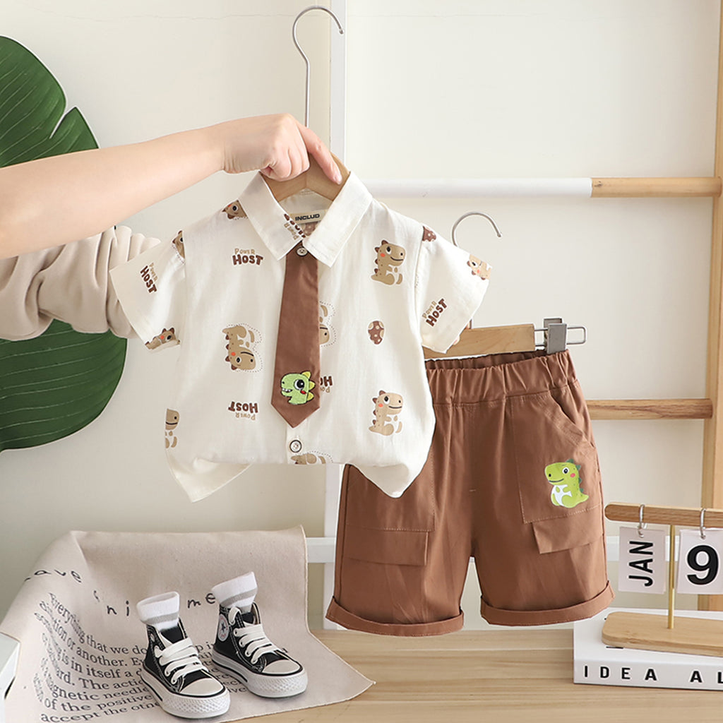 Boys Brown Dino Printed Shirt With attached Tie & Shorts Set Sets Brown 1-2 Y