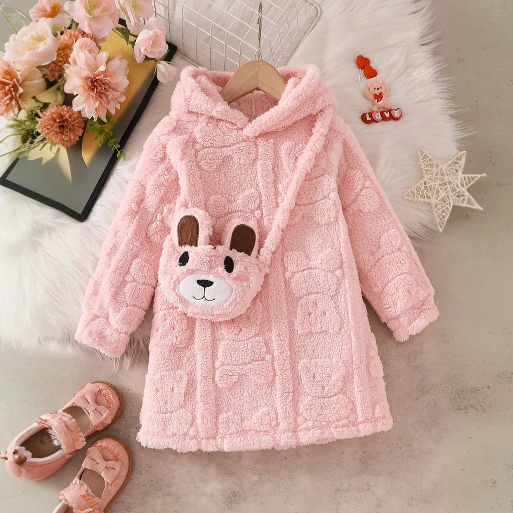 Girls Pink Self-Design Hooded A-line Dress With Sling Bag Casual Dresses Pink 3-4 Y