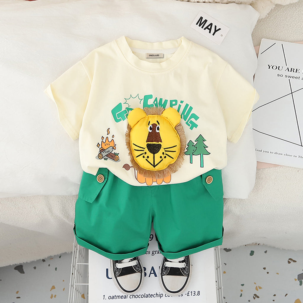 Boys 3D Lion Appliqued T-Shirt With Green Shorts Set 2 pc. Sets Green 1-2 Y