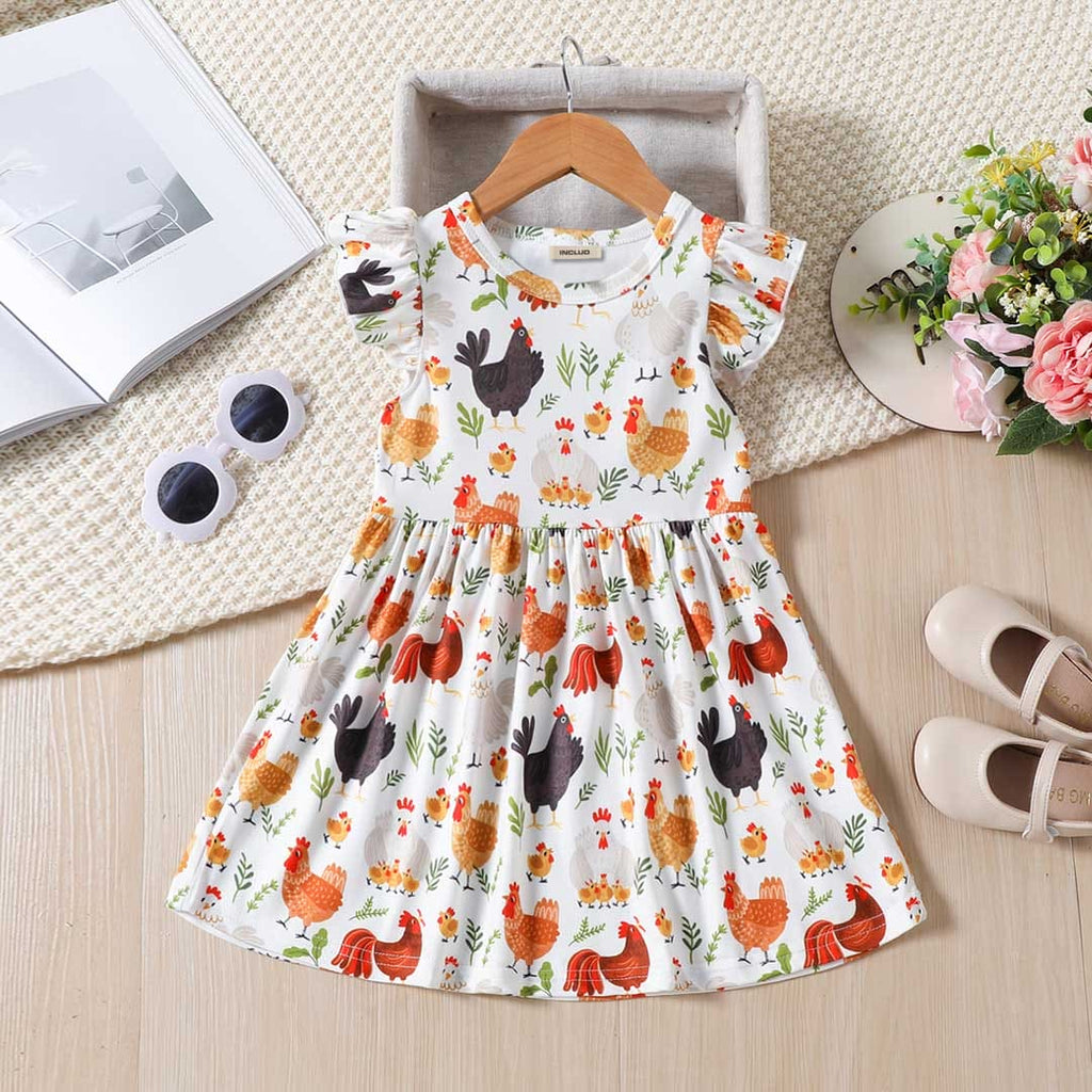 Girls Flared Sleeve Bird Printed Fit & Flare Dress Casual Dresses White 1-2 Y 