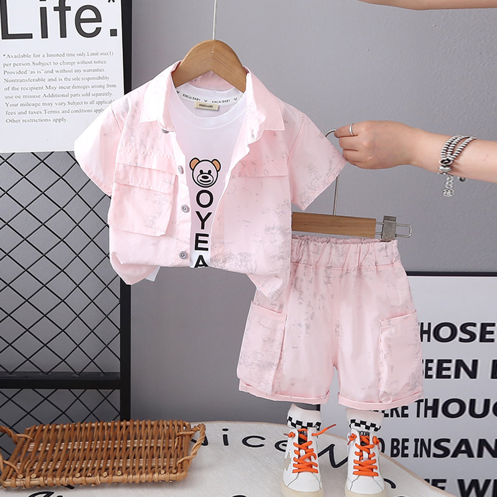 Boys Light Pink Tie & Dye Printed Shirt With Inner Tee And Cargo Shorts Set 3 pc. Sets Light Pink 1-2 Y