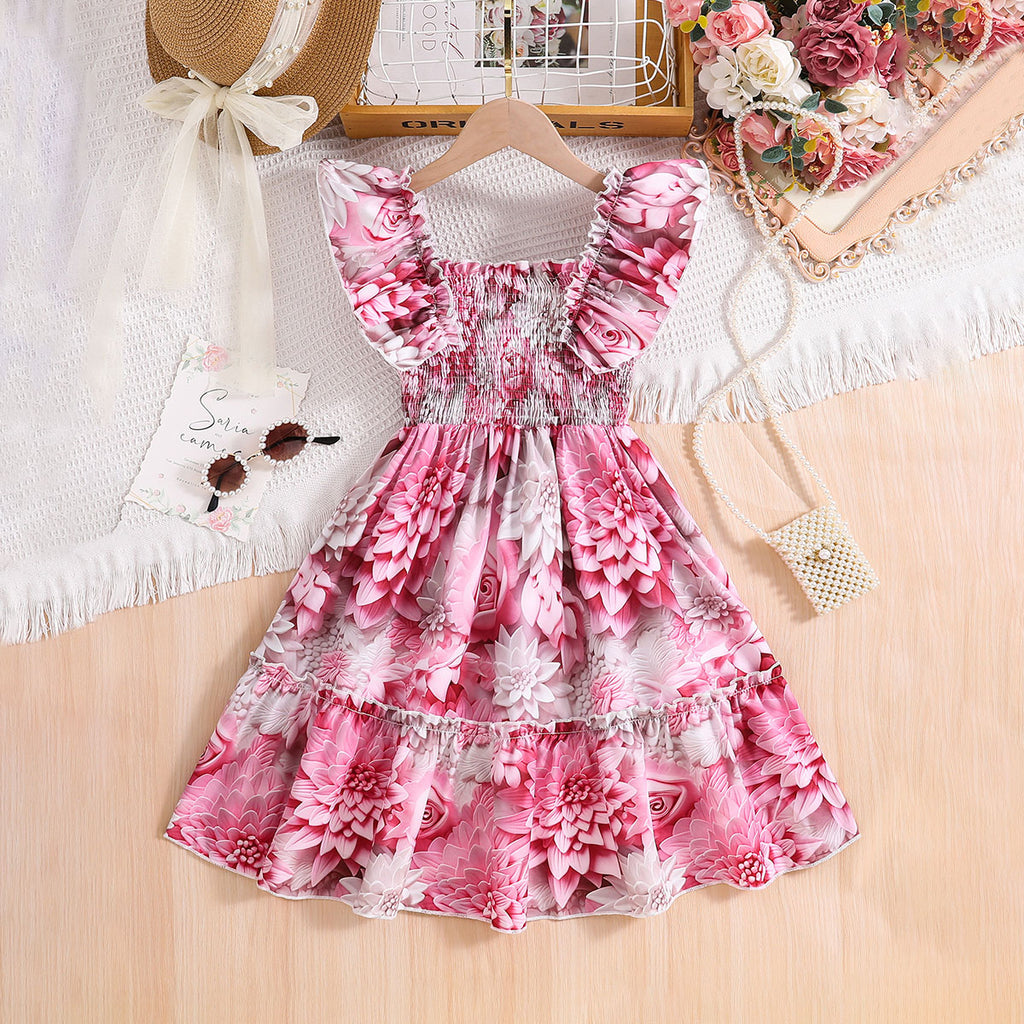 Girls Salmon Pink Floral Printed Sleeveless Square Neck Fit & Flare Dress Casual Dresses Dark Pink 3-4 Y