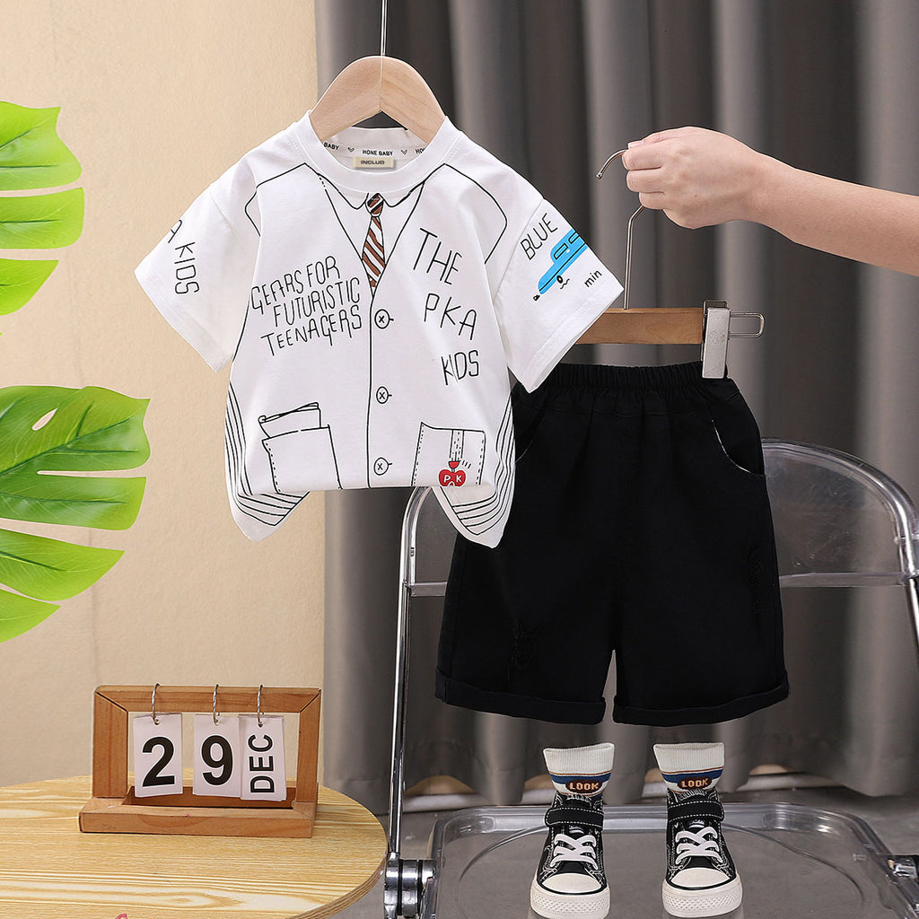 Boys White Printed T-shirt with Black Shorts Set Sets White 1-2 Y