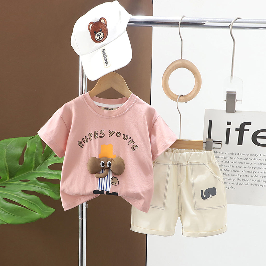 Boys Light Pink Elephant Applique Short Sleeves T-shirt With Shorts Set 2 pc. Sets Light Pink 1-2 Y