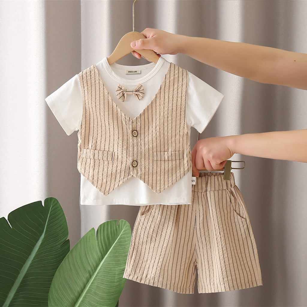 Boys Beige Striped Shorts with Short Sleeves T-shirt with attached Waistcoat Set Sets Beige 1-2 Y