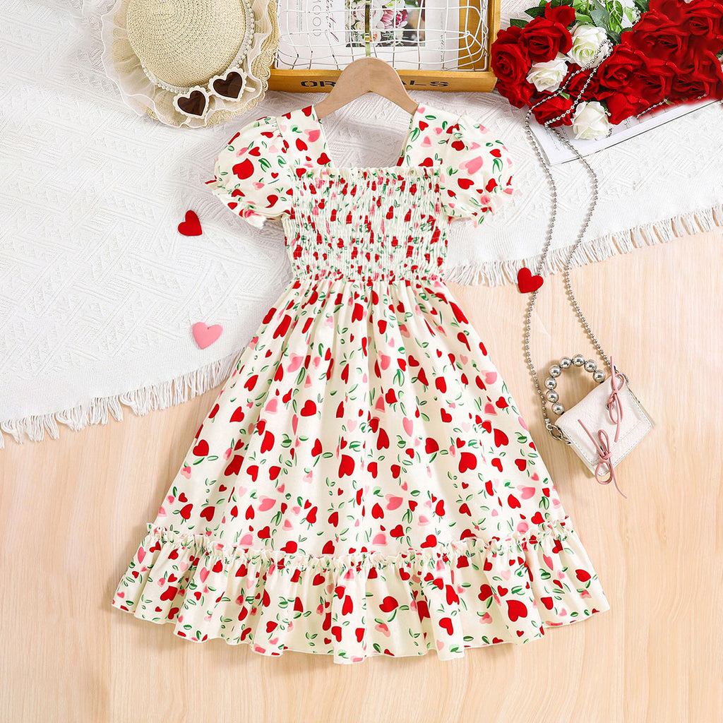 Girls Off White Heart Print Smocked Casual Midi Dress Casual Dresses Off White 3-4 Y