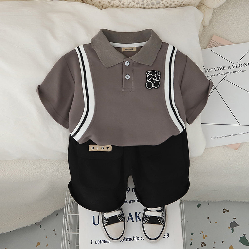 Boys Dark Grey Side Striped Short Sleeves Polo T-Shirt With Shorts set 2 pc. Sets Dark Grey 1-2 Y