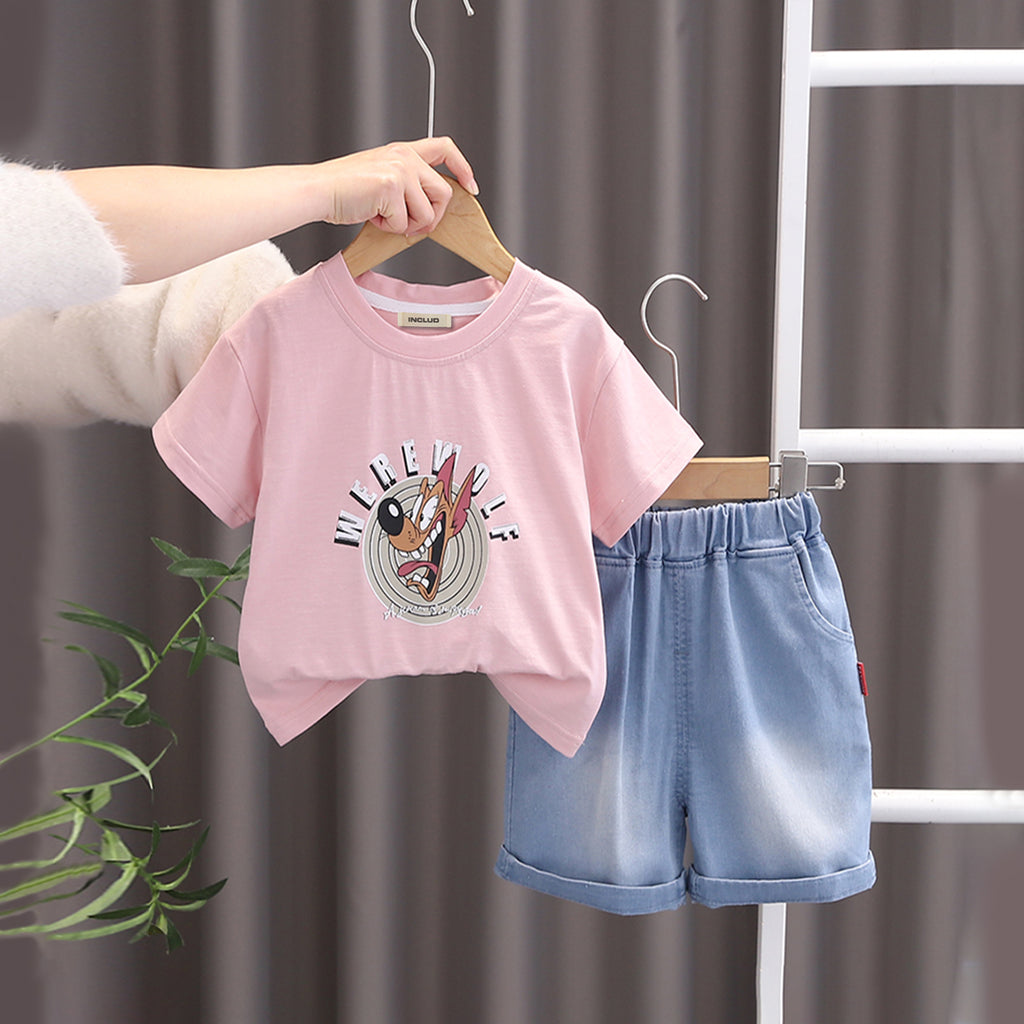 Boys Animal Printed Light Pink T-Shirt With Denim Shorts Set 2 pc. Sets Light Pink 1-2 Y