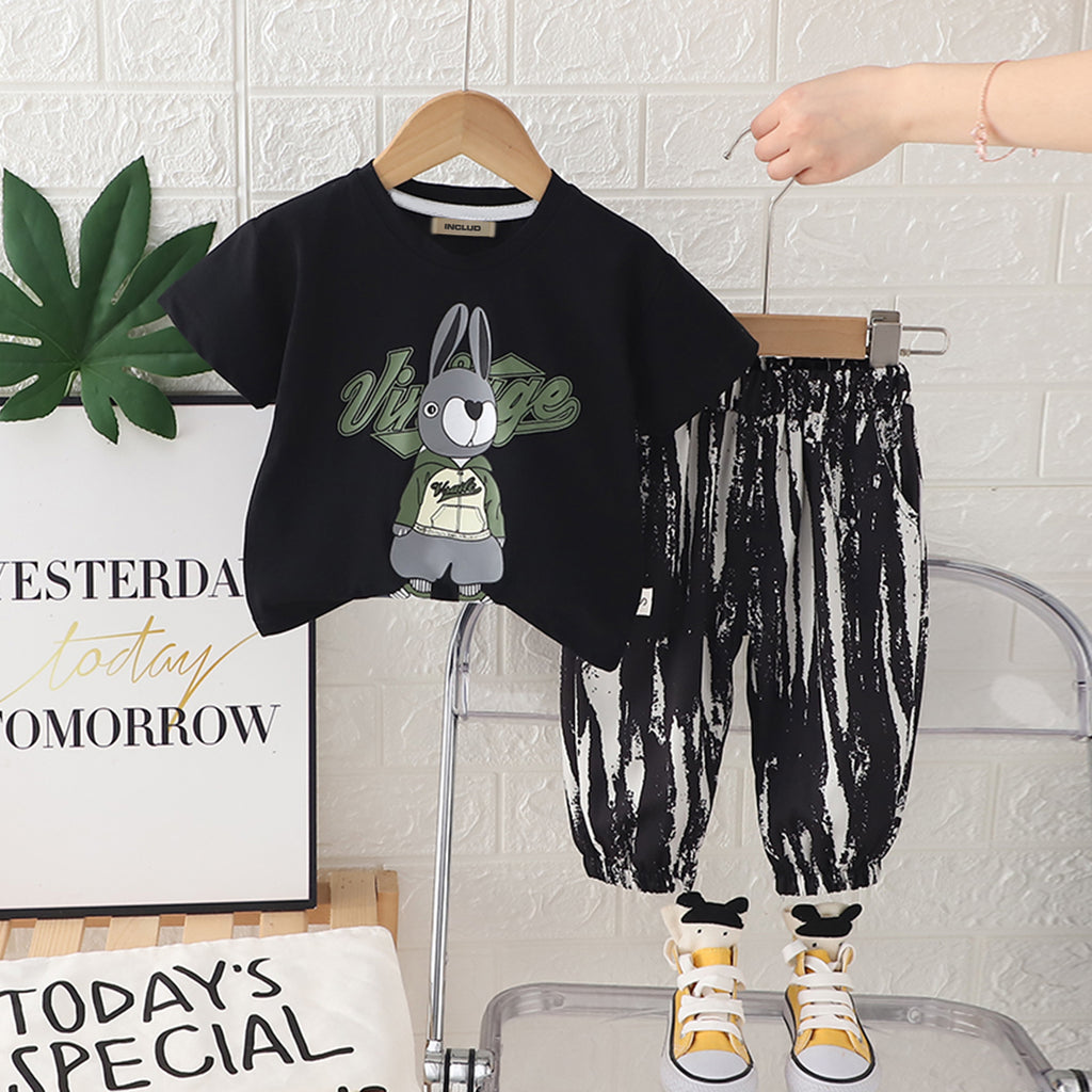 Boys Black Bunny Printed Short Sleeves T-Shirt With Pants Set 2 pc. Sets Black 1-2 Y