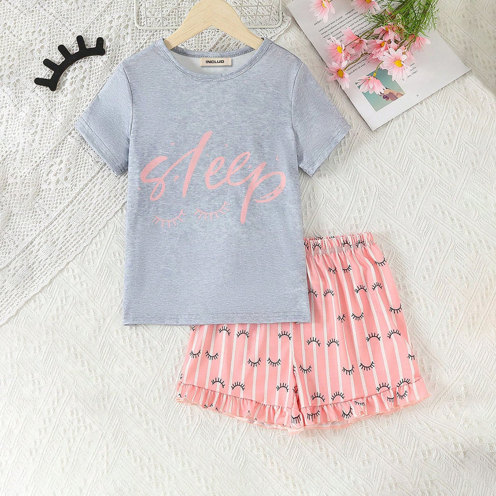 Girls Multicolor Sleepwear Short Sleeve Top With Shorts Set Sleepwear Sets Multicolor 8-9 Y