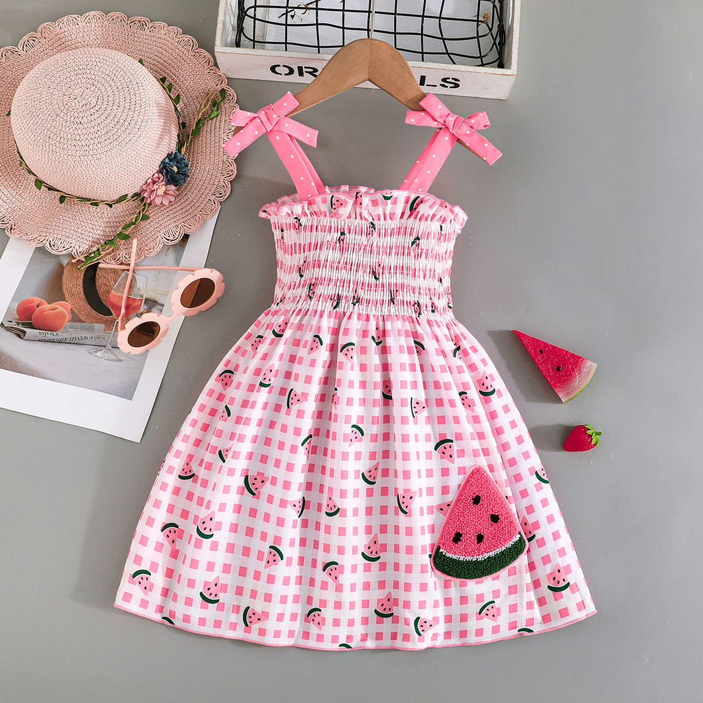 Girls Pink Watermelon Embroidered Sleeveless Smocked Dress Casual Dresses Pink 2-3 Y
