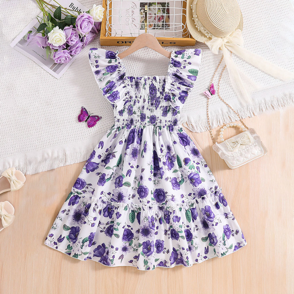 Girls Purple Floral Printed Sleeveless Square Neck Fit & Flare Dress Casual Dresses
