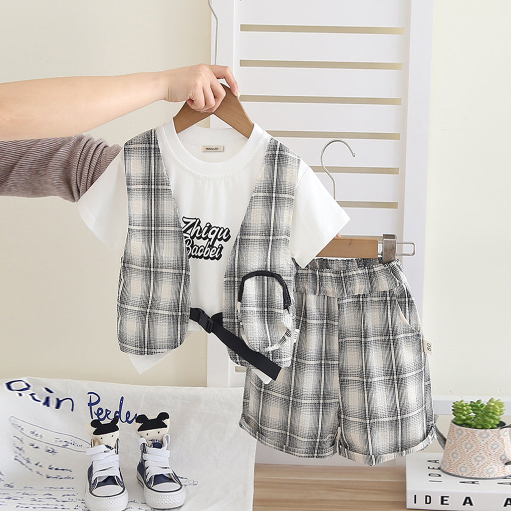 Boys Grey Checked Mock Waistcoat T-Shirt With Shorts Set 2 pc. Sets Grey 1-2 Y