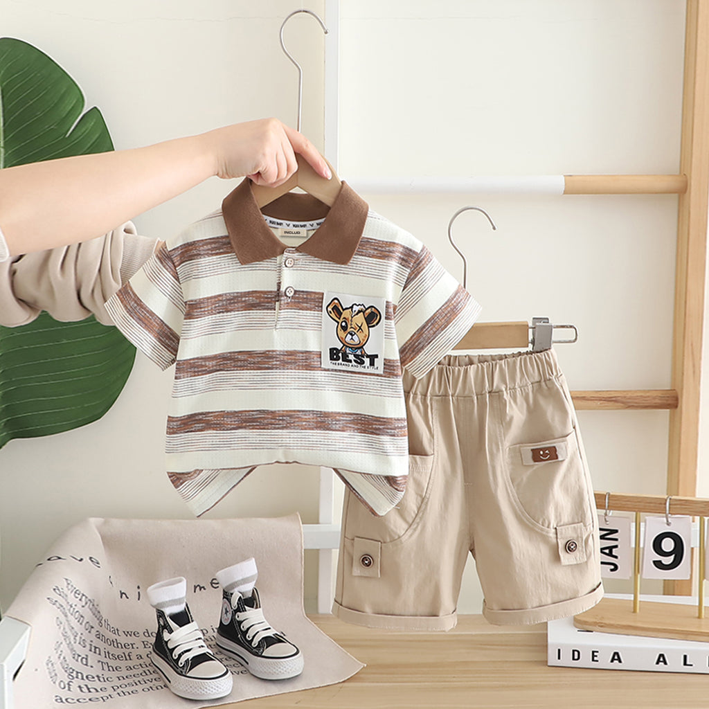 Boys Brown Striped Polo T-shirt with Khaki Shorts Set Sets Brown 1-2 Y